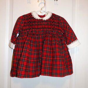 Vintage POLLY FLINDERS Red Green Smocked Collar Dress Crochet Trim 70s Xmas 80s